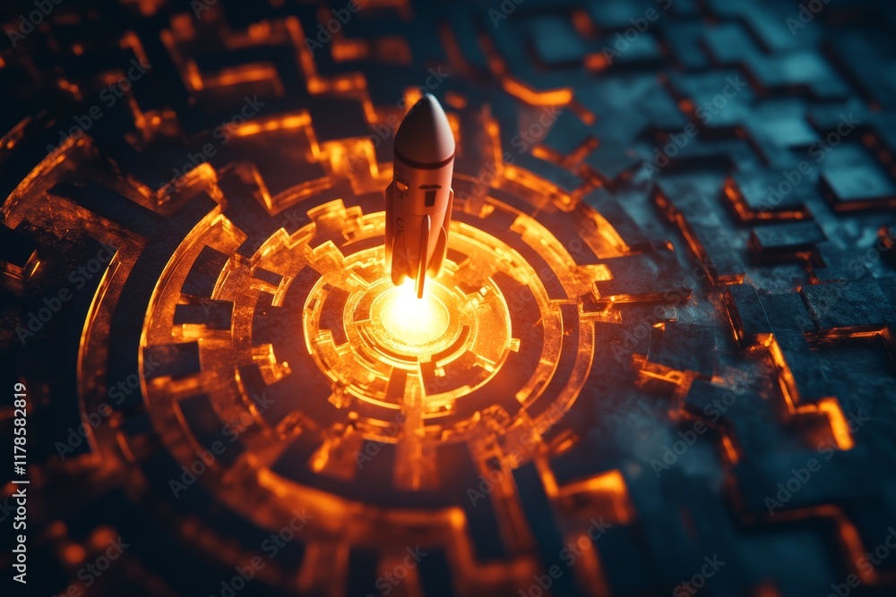 Poster a glowing rocket sits at the center of an intricate maze, symbolizing adventure and exploration in a