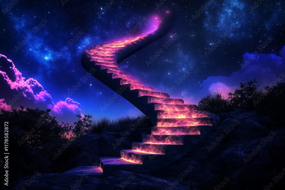 Poster a mesmerizing scene of ethereal stairs ascending into a vibrant starry night sky filled with colorfu