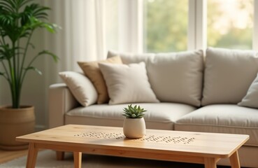 Cozy living room with light beige sofa, wooden coffee table. Small succulent plant sits on table with decorative pattern on table. Soft natural light streams in through window. Scene evokes sense of