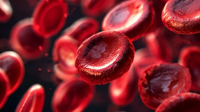 This video captures a close-up view of a group of red blood cells flowing through a vein, Human red blood cells in a magnified view