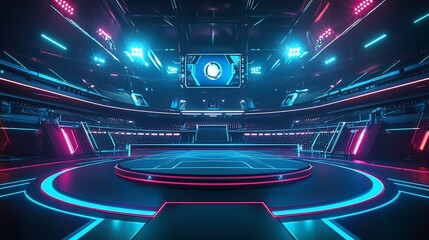 Futuristic esports arena with neon lights and a central stage.