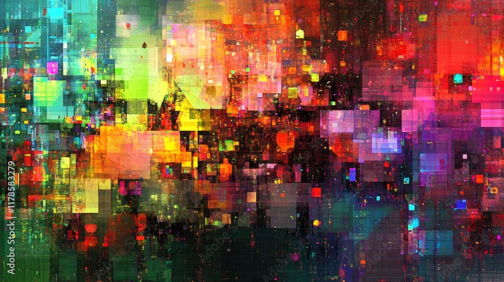 Poster a colorful painting with many squares and circles. the squares are in different colors and sizes