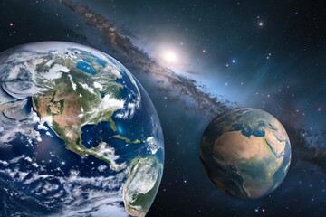 Fototapeta premium two identical planet earth in space. Parallel world concept