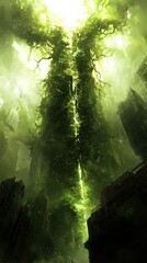 Fototapeta premium A celestial forest where radiant vines hang from glowing trees, forming intricate patterns of light. Streams of liquid stardust flow gently through the forest floor, creating a serene and magical 