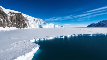 A large body of water surrounded by snow covered mountains
