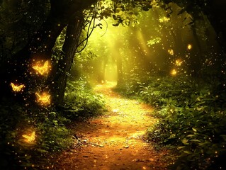 A celestial forest where translucent trees emit a soft, golden glow. Floating orbs of light hover gently above the radiant flora, creating a serene interplay of light and shadow across the forest 