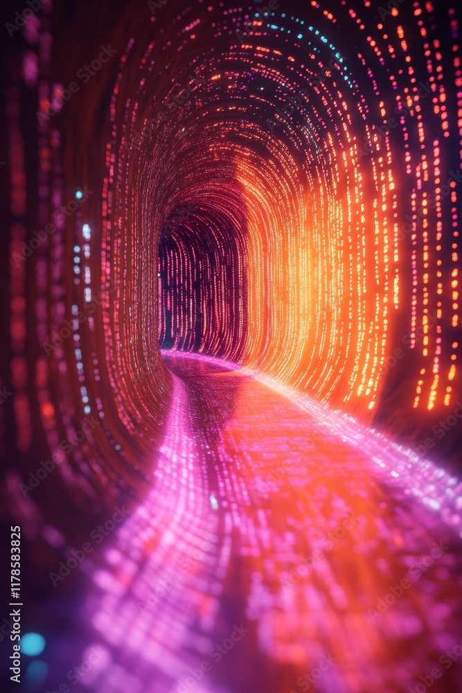 Poster experience a vibrant digital tunnel filled with dynamic data streams and glowing colors, illustratin