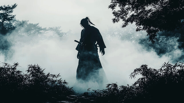 Samurai in the Mist: A Mysterious Warrior's Silhouette in a Foggy Forest, Embodying Ancient Japanese Culture and Bushido Code
