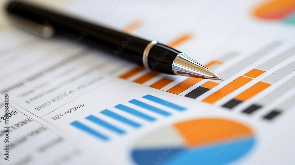 Poster pen rests on financial report with charts and graphs.
