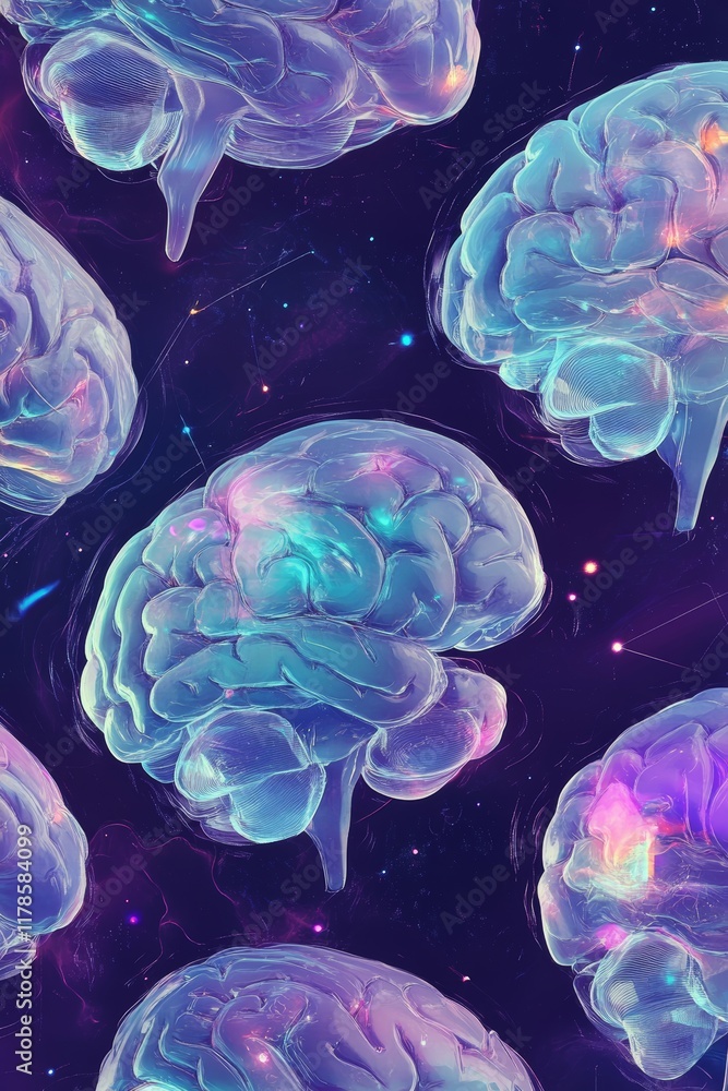 Poster a pattern of brains with purple and blue colors. the brains are in a space background. the pattern i