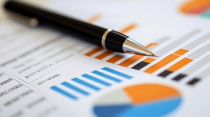 Pen rests on financial report with charts and graphs.