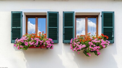 Mindfulness and meditation method, A charming facade featuring two windows with green shutters adorned with vibrant flower boxes, enhancing the picturesque appeal of the building.