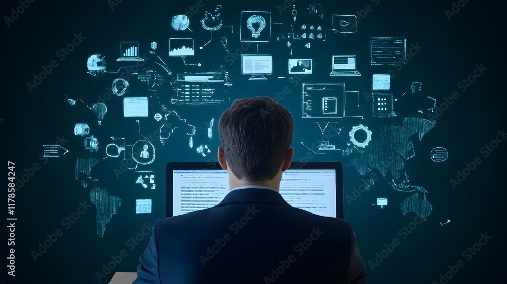 Poster business executive or manager working on computer and analyzing digital data,information,and technol