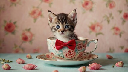 Tiny kitten wearing a red bowtie, sitting in a teacup with floral patterns, soft pastel background.