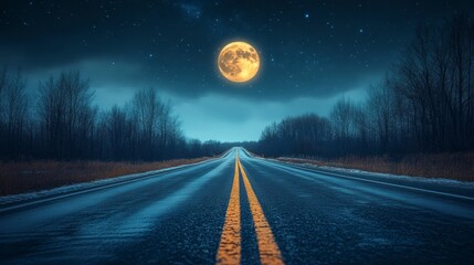 Full moon over a snow-covered road at night.