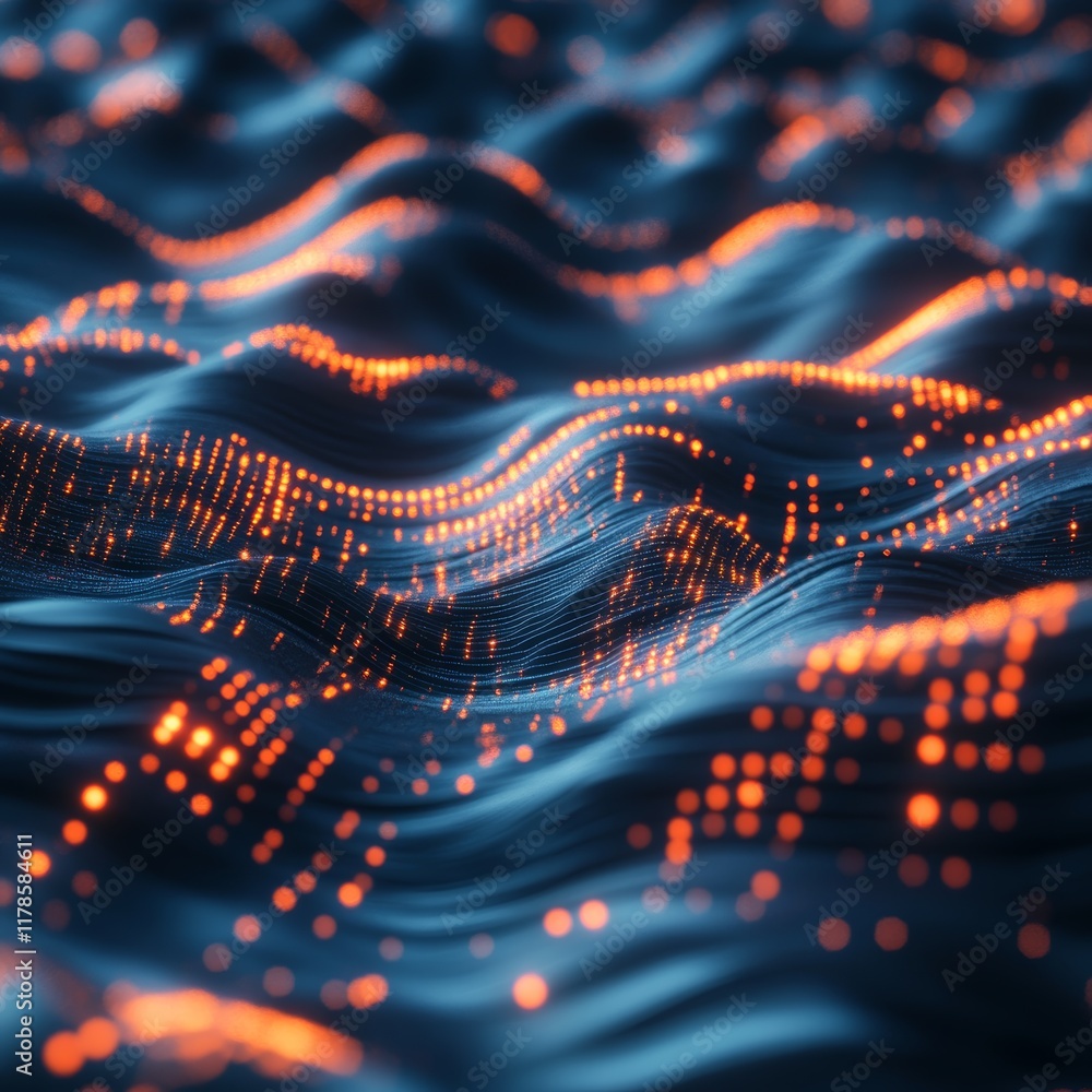 Poster sleek digital background filled with cascading waves of light and colorful data points in a dynamic 