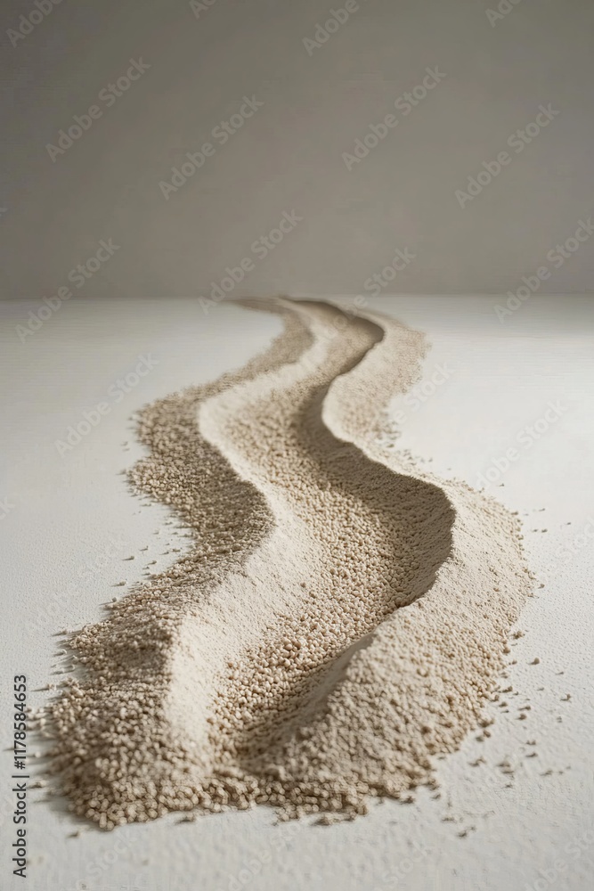 Poster a graceful curve of sand on a smooth surface, evoking a minimalist and zen-like atmosphere with soft