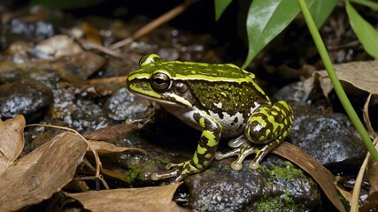 Fototapeta premium Eungella Torrent Frog Enjoying a Peaceful Rainy Day in the Rainforest