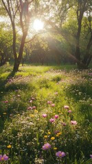 Obraz premium A tranquil meadow filled with colorful wildflowers and trees, bathed in warm sunlight, creating a peaceful natural scene.