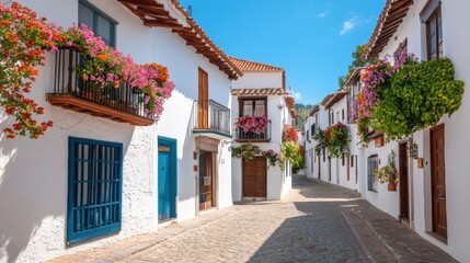 Mindfulness and meditation method, A picturesque narrow street lined with charming white buildings adorned with colorful flower pots under a clear blue sky.