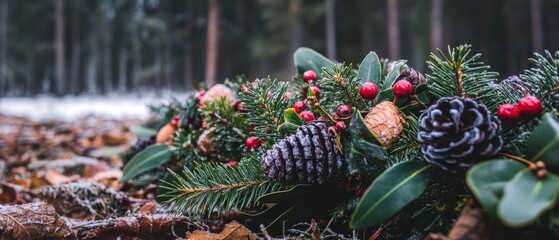 Fototapeta premium Festive Winter Wreath Pine Cones Berries Evergreen