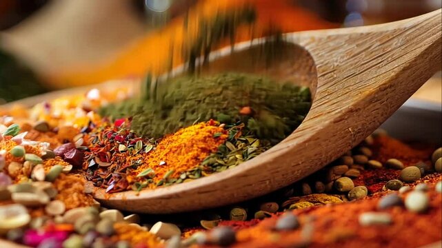 Wooden spoon filled with colorful spices and herbs.