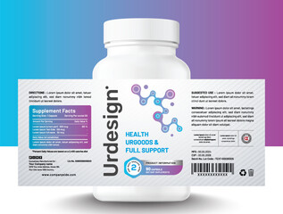 Innovative modern design for organic healthcare food supplement and vitamin bottle product labels, clean and neon gradient look.
