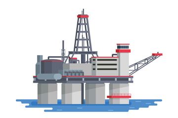 Offshore Oil Rig Illustration with Chimneys and Structures on water. Editable Vector Element on White Background
