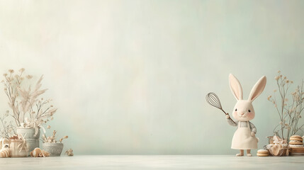 elegant bunny chef holding whisk in pastel kitchen setting, surrounded by flowers and baked goods, exuding charming atmosphere