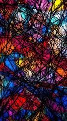 A dynamic abstract design featuring intersecting multicolored lines and shapes, creating a vibrant geometric pattern.