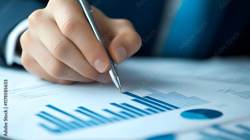 Aufkleber closeup view of a person's hand writing on a document with various business charts and graphs displa