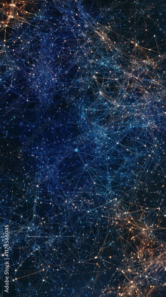 Poster this abstract image features intricate data connections illuminated by blue and orange lights, set a