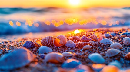 Captivating Macro View of Seashells Nestled in Sandy Beach at Sunset