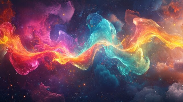 Explore a vibrant and colorful abstract graphic that embodies dynamic movement and realistic elements, representing data and the universe.