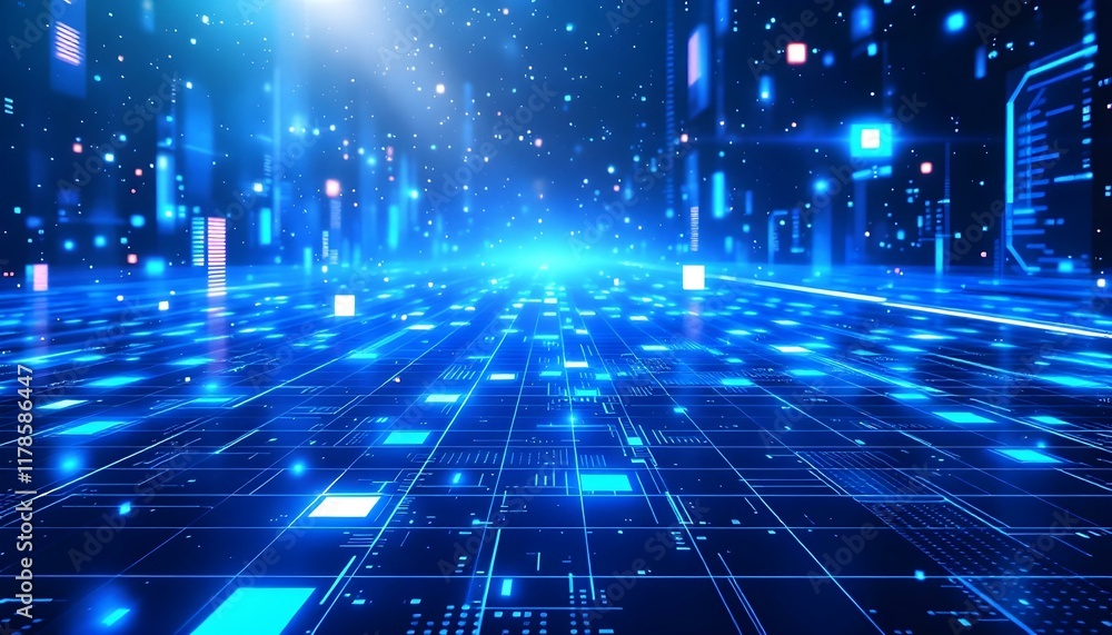 Poster a high-tech blue pixel grid with a uniform pattern of bright and dark squares delivers a sophisticat