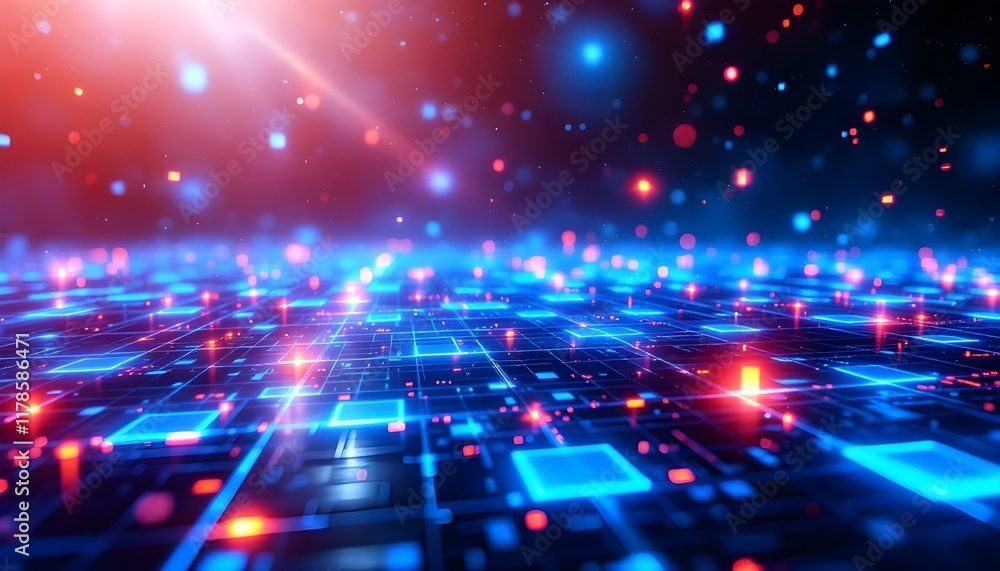 Poster a high-tech blue pixel grid with a uniform pattern of bright and dark squares delivers a sophisticat