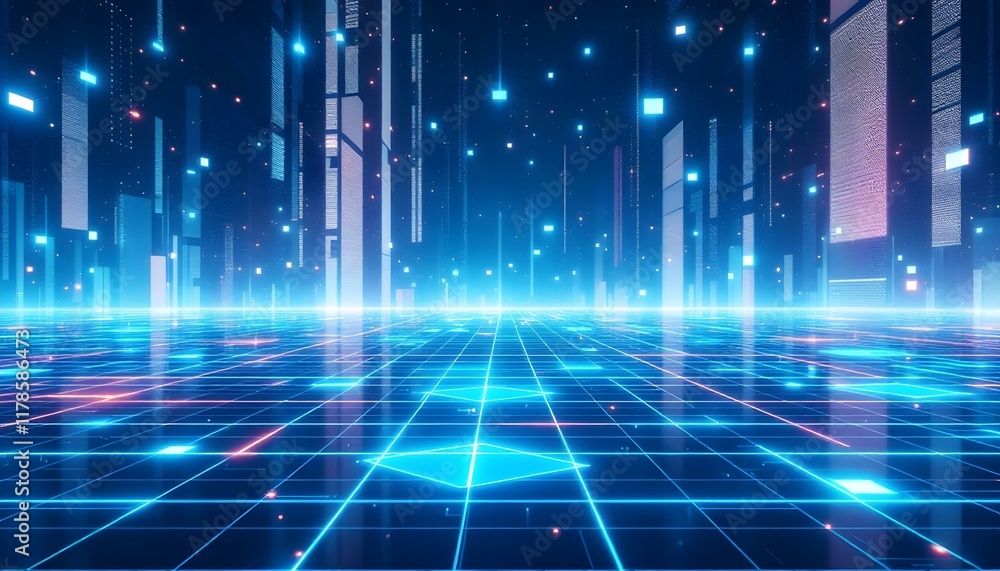 Poster a high-tech blue pixel grid with a uniform pattern of bright and dark squares delivers a sophisticat