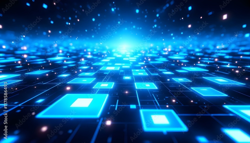 Poster a high-tech blue pixel grid with a uniform pattern of bright and dark squares delivers a sophisticat