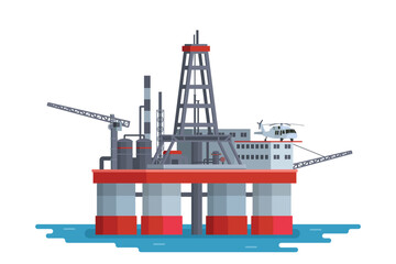 Offshore Oil Rig Illustration with Chimneys and Structures on water. Editable Vector Element on White Background