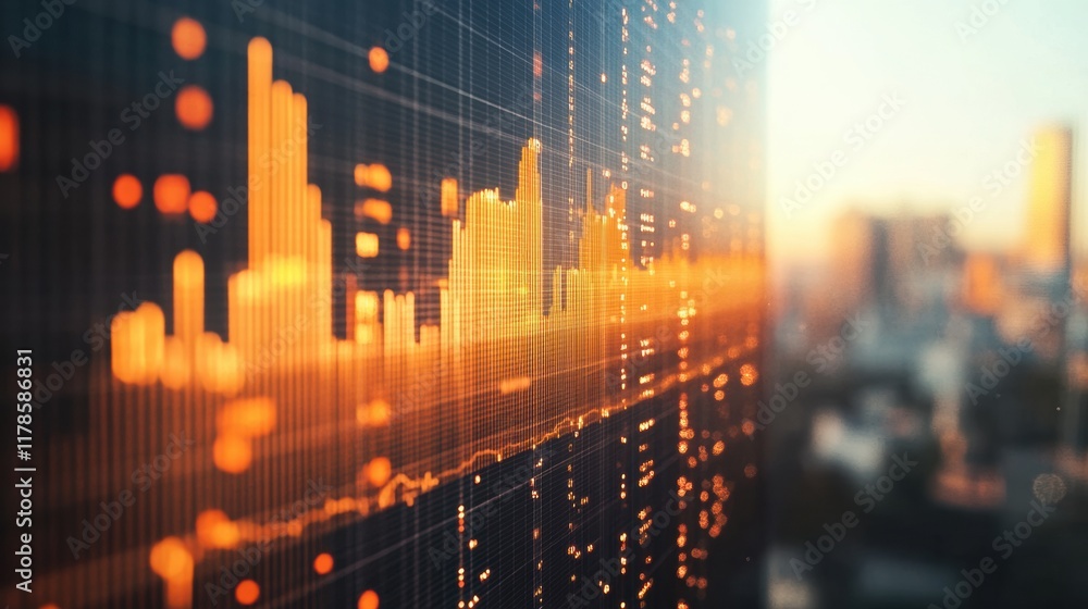 Poster golden hour stock market data visualization: cityscape background and dynamic financial chart displa