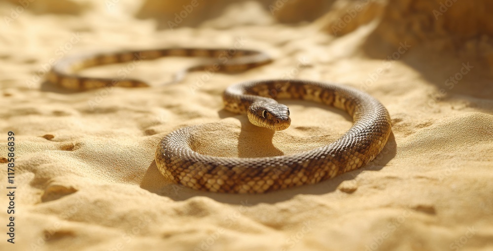 Poster a close-up of a snake on sandy terrain highlighting its unique patterns and textures in a natural de