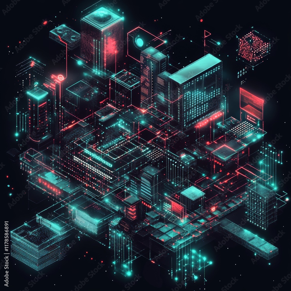 Poster futuristic isometric projection of a big data network with neon elements and urban structure highlig