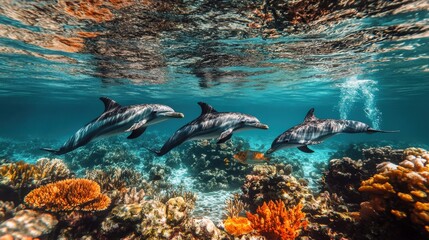 Fototapeta premium Dolphins swimming above a vibrant coral reef