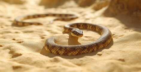 A Close-Up of a Snake on Sandy Terrain Highlighting Its Unique Patterns and Textures in a Natural Desert Environment