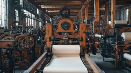 Antique papermaking machine in old factory.