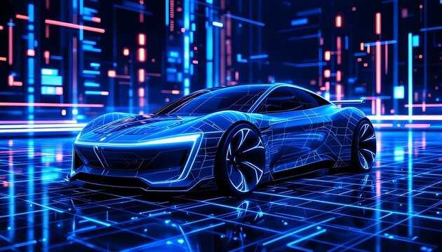 Wireframe of futuristic car concept with blue background. Stock photography. Futuristic digital wireframe of car concept with blue background. Electric EV car charging at charging station