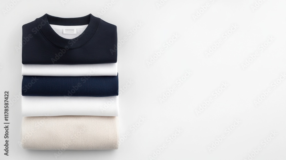 Poster stack of folded t-shirts in various colors on a simple background for fashion and apparel concepts