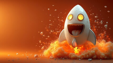 Happy cartoon rocket launching, fiery explosion.