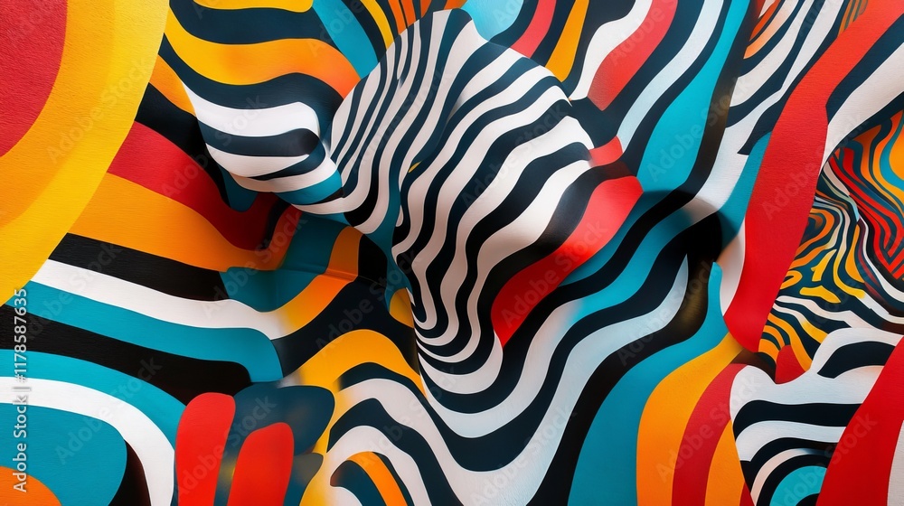 Poster colorful abstract 3d wave pattern with bold stripes and dynamic curves, perfect for modern design an