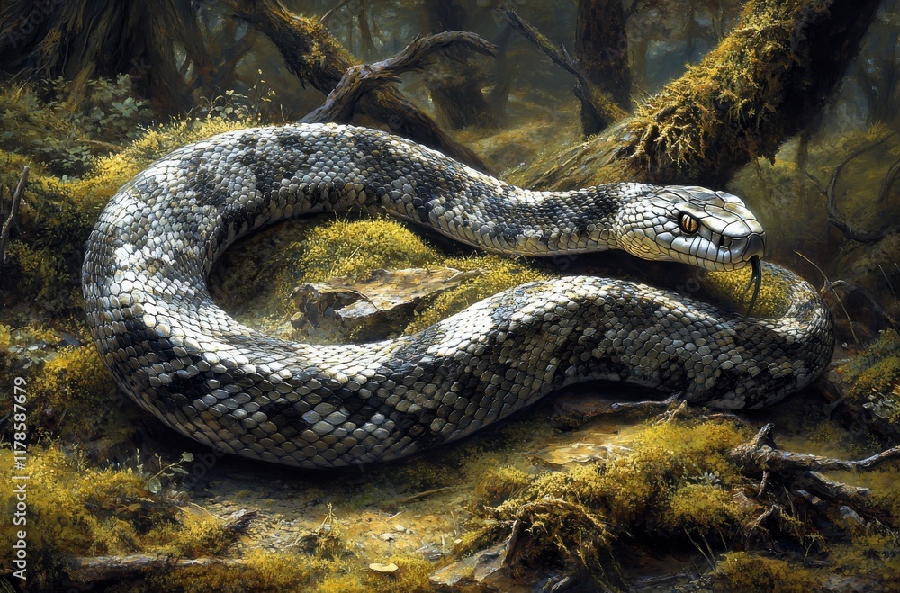 Poster A serpent with intricately patterned scales resting on a mossy forest floor surrounded by lush vegetation and dappled sunlight filtering through the trees